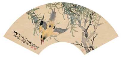 竹樵道人 辛卯（1891年）作 柳枝黄莺 扇面